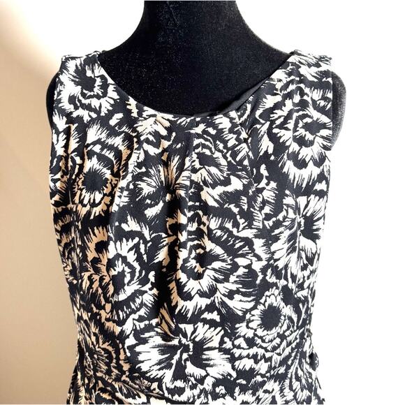 ANN TAYLOR Black Tan Floral Sleeveless Ruched A Line Dress Women’s Large - Picture 3 of 6